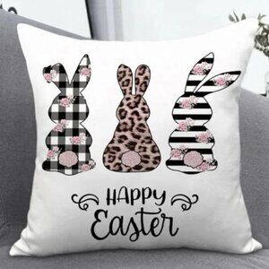 Seasonal Pillow Cover Easter Bunny Rabbit Zip Closure 17.7 In Square Black White